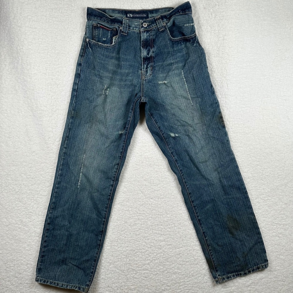 Drunknmunky Mens Straight Leg Distressed Blue Denim Jeans W32 L32 Y2K Skater